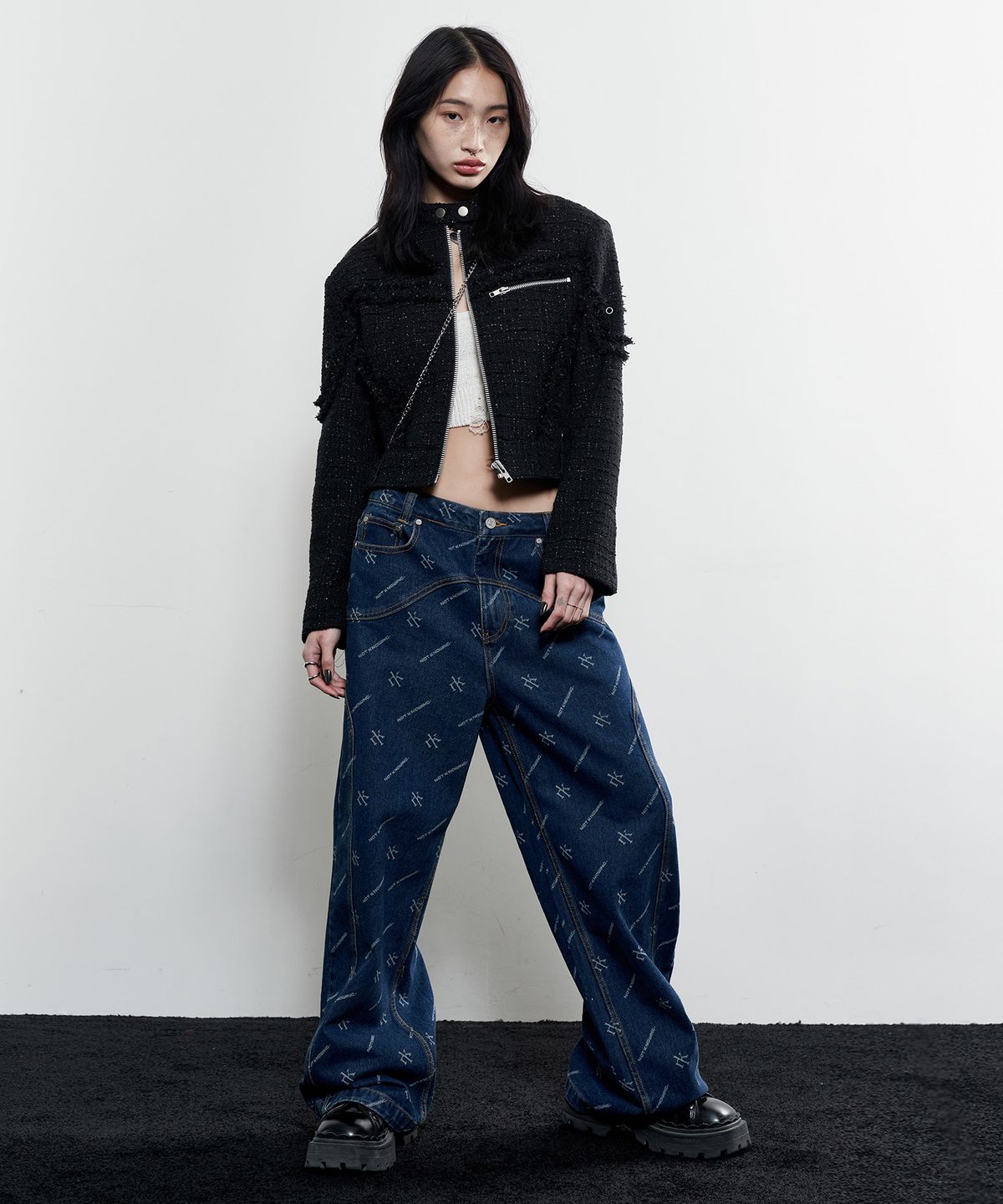 낫노잉(NOTKNOWING) Curved Wide Denim Pants  (DEEP BLUE)