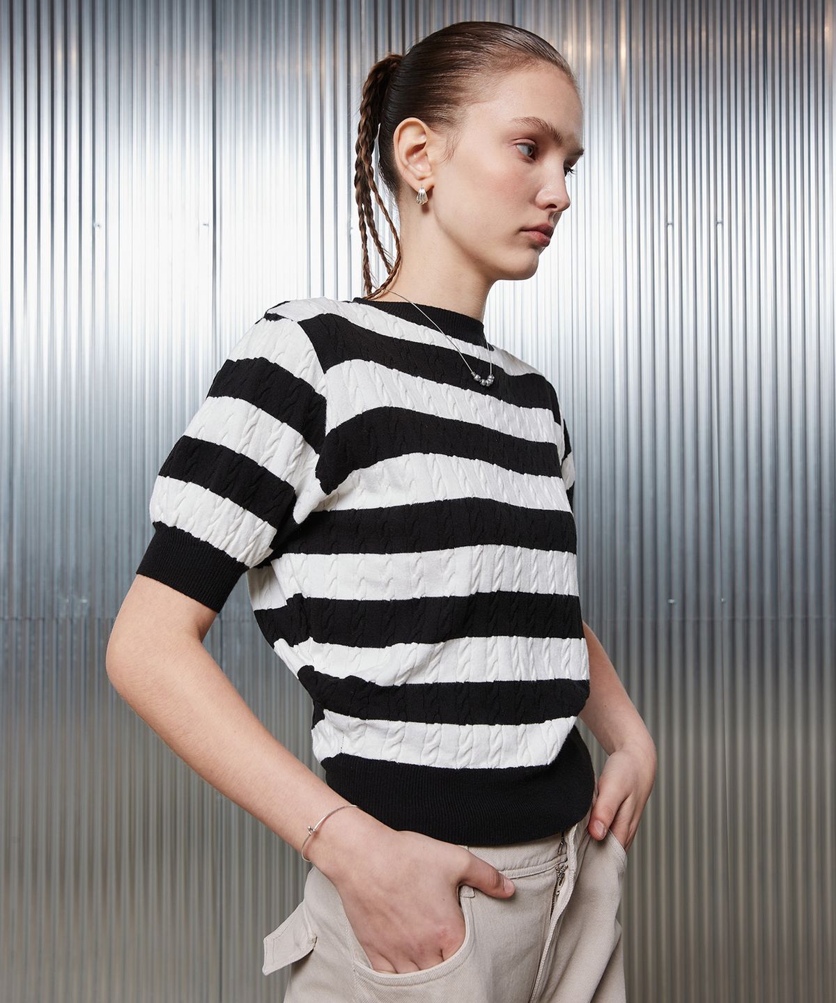 라티젠(LARTIGENT) L2 STRIPE SHORT SLEEVE KNIT(BLACK)