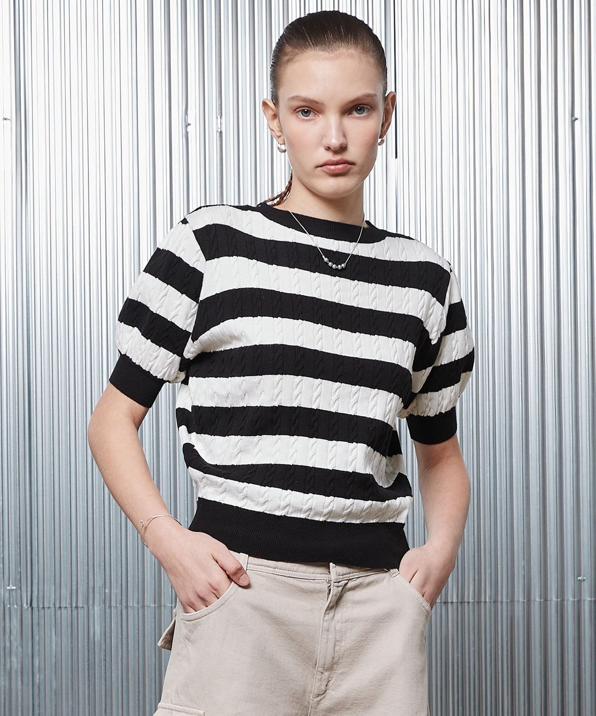 라티젠(LARTIGENT) L2 STRIPE SHORT SLEEVE KNIT(BLACK)