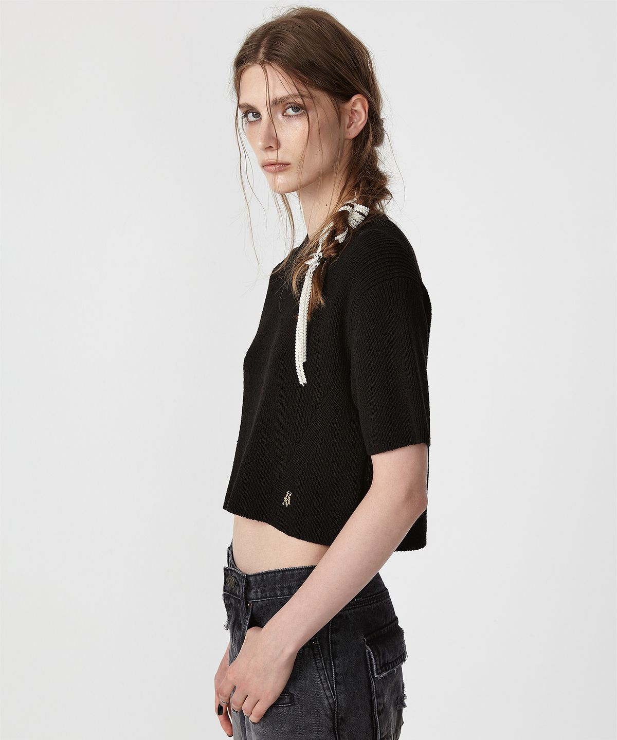 이안조(EAN JO) HALF SLEEVE KNIT TOP (BLACK)