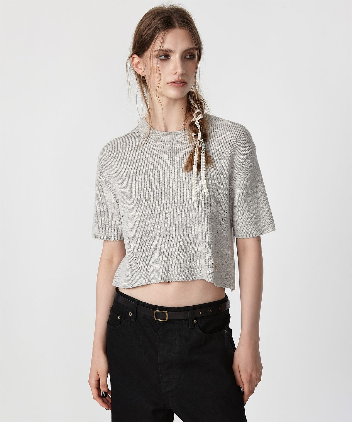 이안조(EAN JO) HALF SLEEVE KNIT TOP (LIGHT GREY)