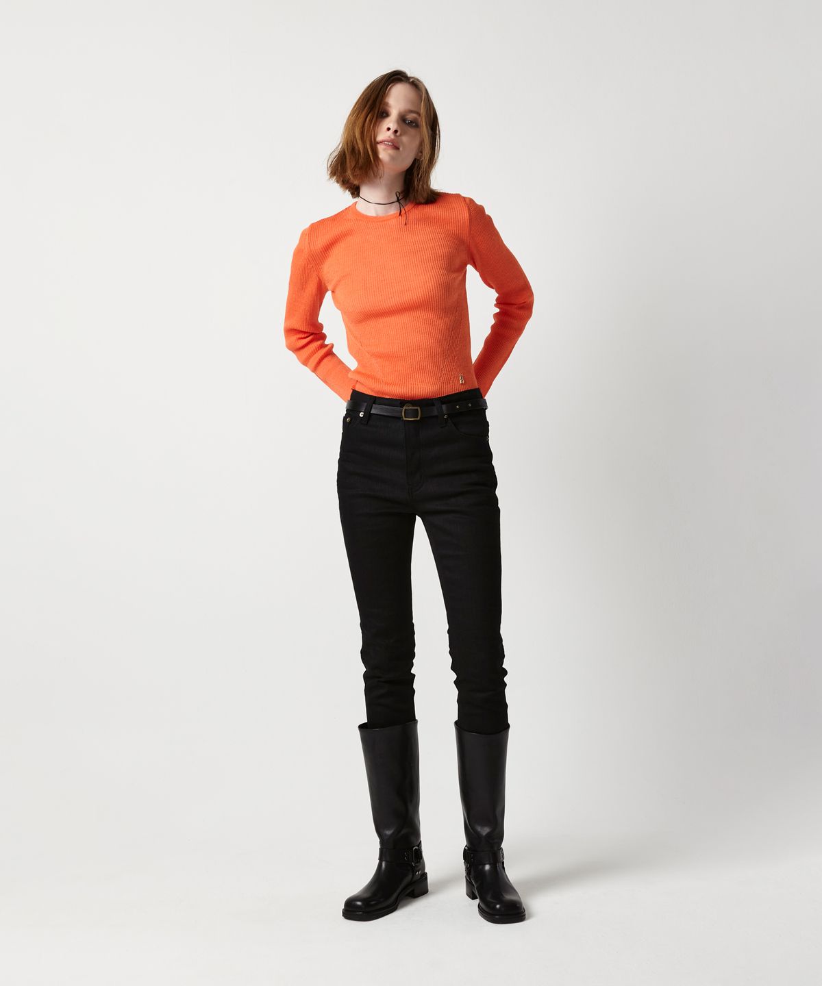 이안조(EAN JO) RIBBED CROP KNIT TOP (SUNSET ORANGE)