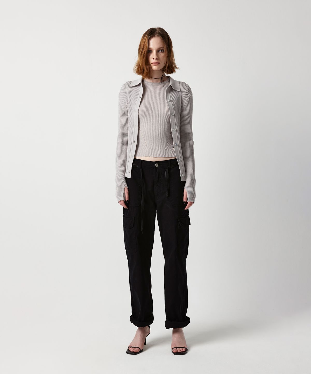 이안조(EAN JO) RIBBED COLLAR KNIT CARDIGAN (LIGHT GREY)