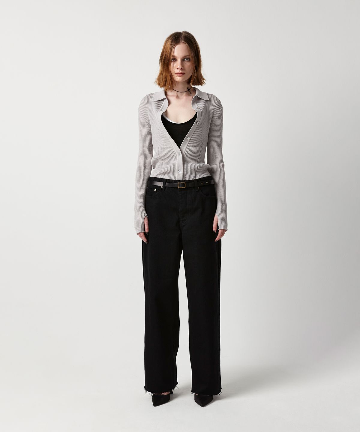 이안조(EAN JO) RIBBED COLLAR KNIT CARDIGAN (LIGHT GREY)