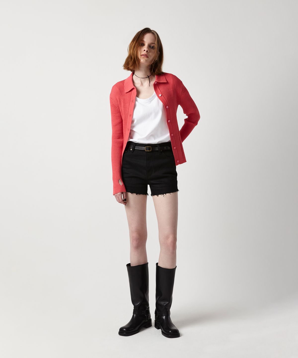 이안조(EAN JO) RIBBED COLLAR KNIT CARDIGAN (VIVA MAGENTA)