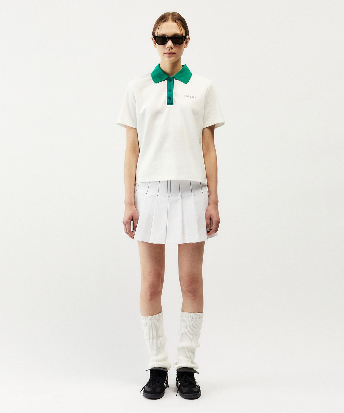 마욜(MAYOL) 면 배색 플리츠 스커트_옵틱 화이트