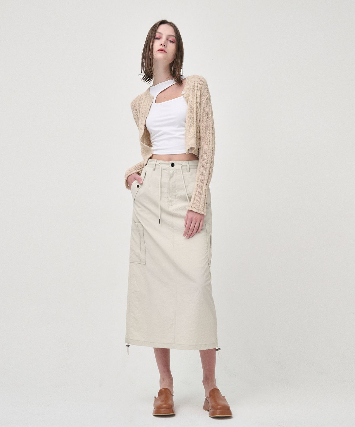 에트몽(ETMON) String Long Cargo Skirt, Cream