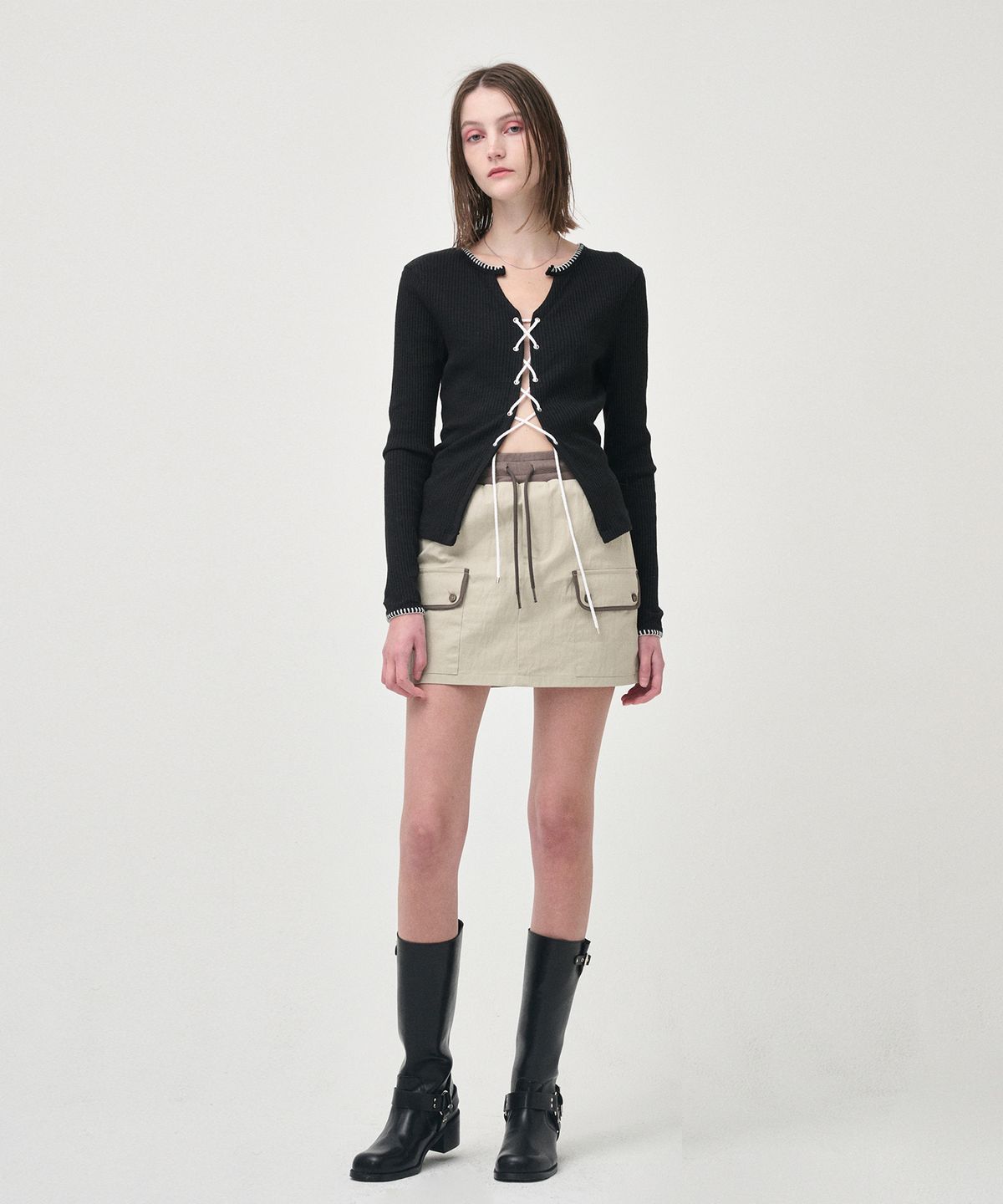 에트몽(ETMON) Cargo Banding Mini Skirt, Khaki Beige