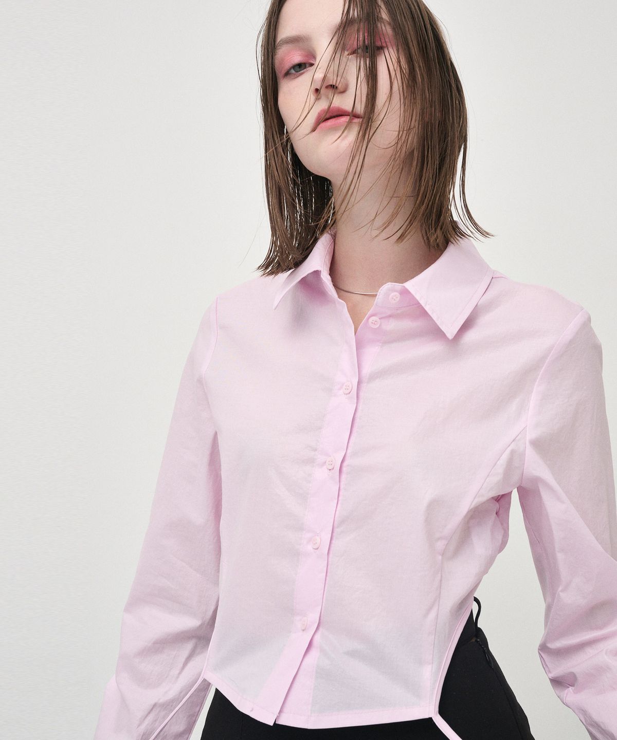 에트몽(ETMON) Side Shirring Slim Shirt, Pink