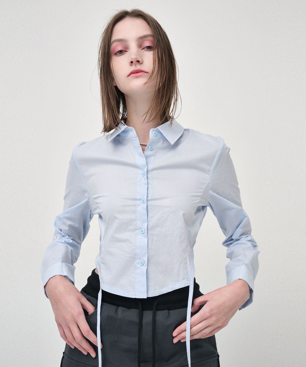 에트몽(ETMON) Side Shirring Slim Shirt, Light Blue