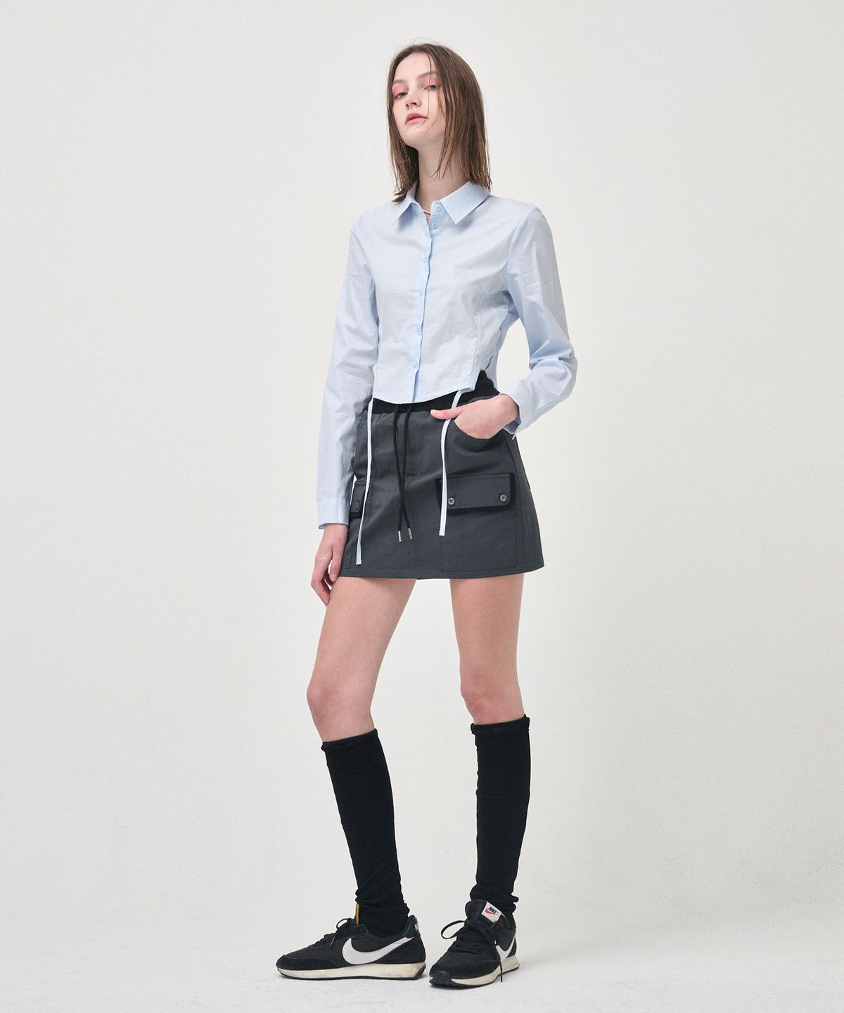 에트몽(ETMON) Side Shirring Slim Shirt, Light Blue