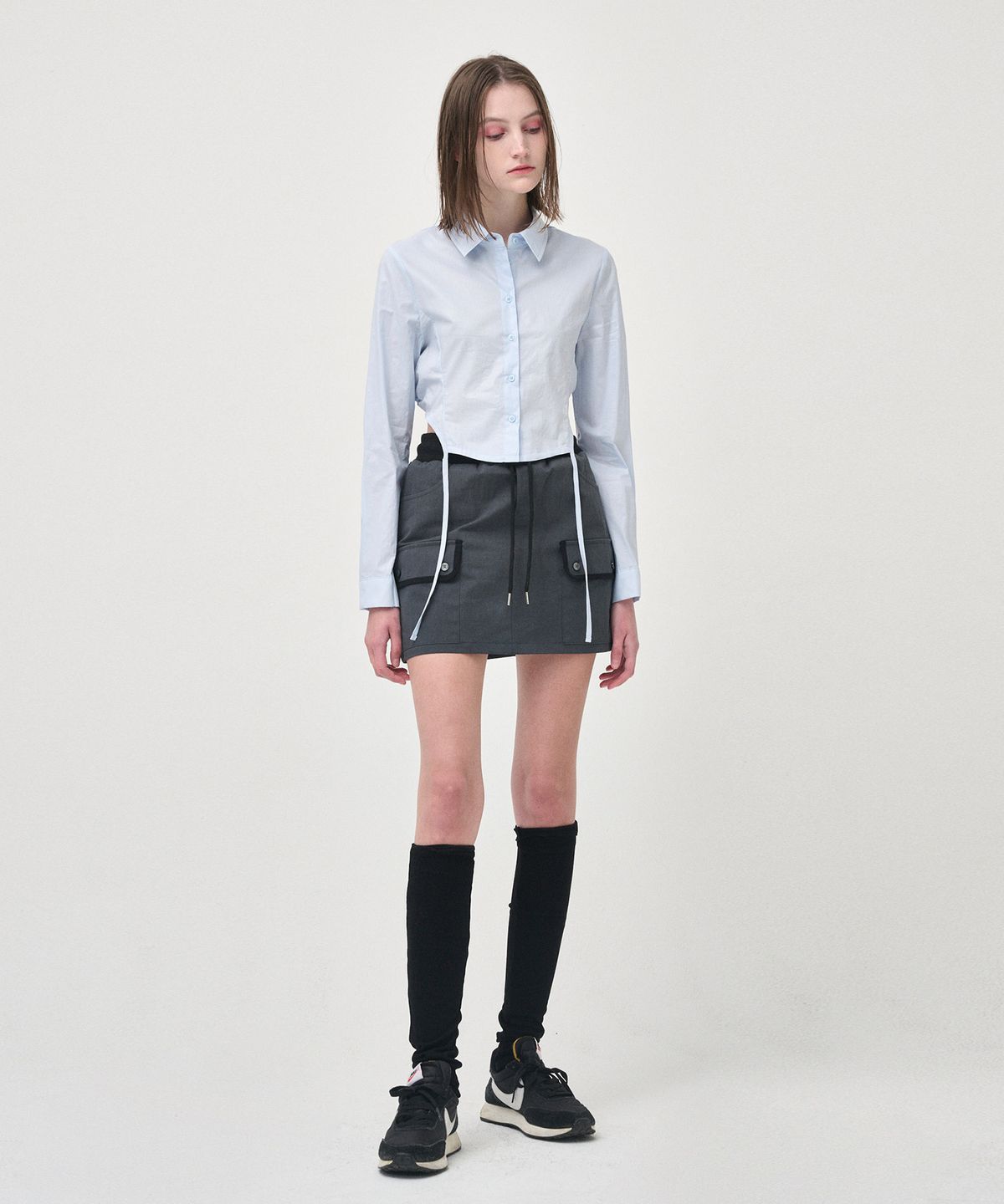 에트몽(ETMON) Side Shirring Slim Shirt, Light Blue