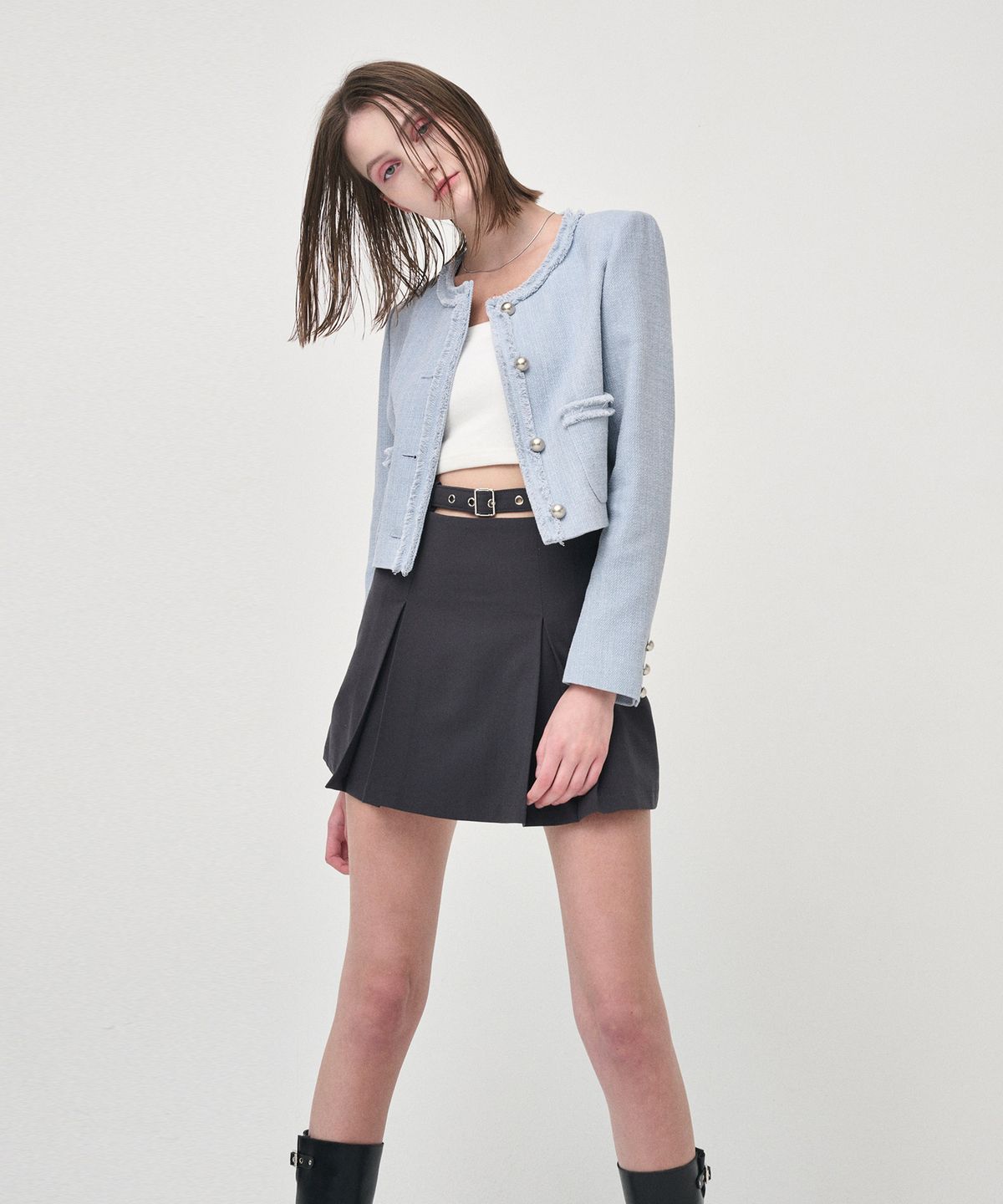 에트몽(ETMON) Fringe Detail Tweed Jacket, Sky Blue