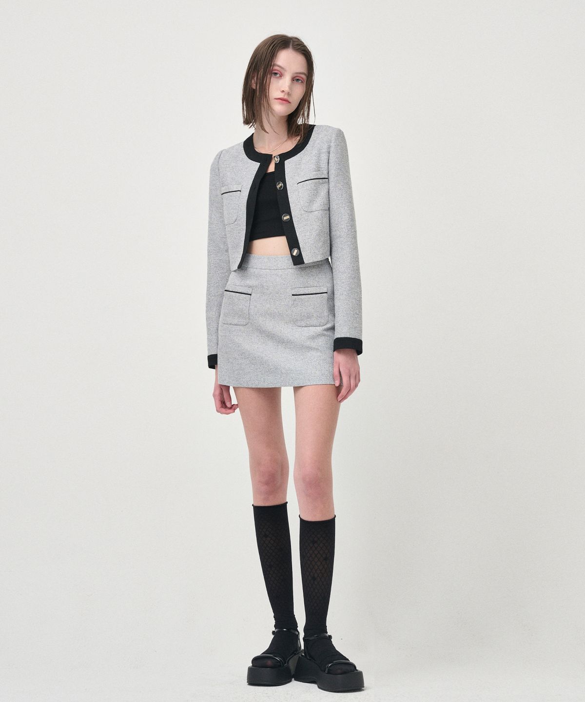 에트몽(ETMON) Piping Pocket Tweed Mini Skirt, Black
