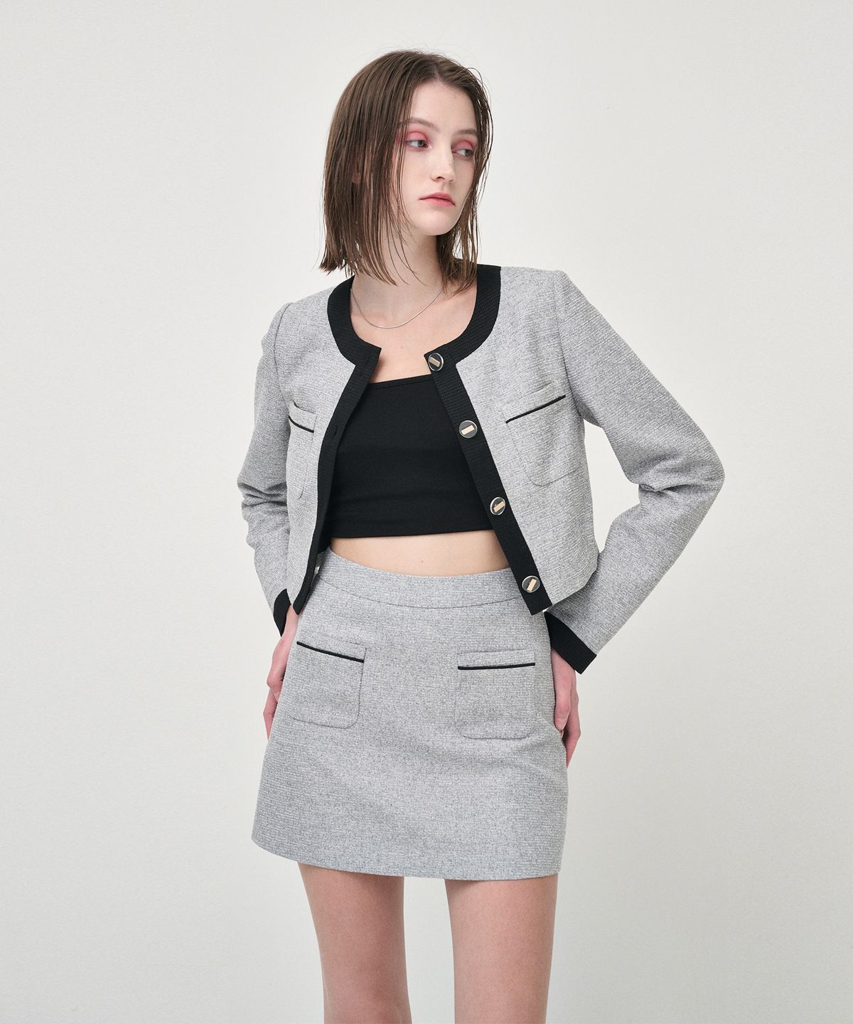 에트몽(ETMON) Piping Pocket Tweed Mini Skirt, Black