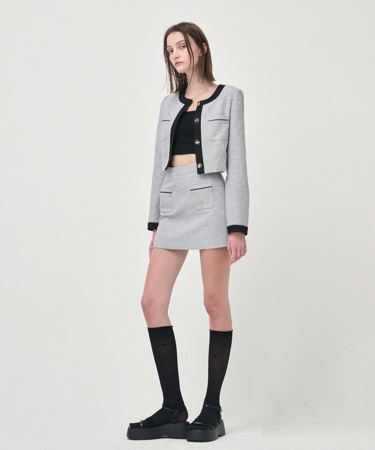 에트몽(ETMON) Piping Pocket Tweed Mini Skirt, Black