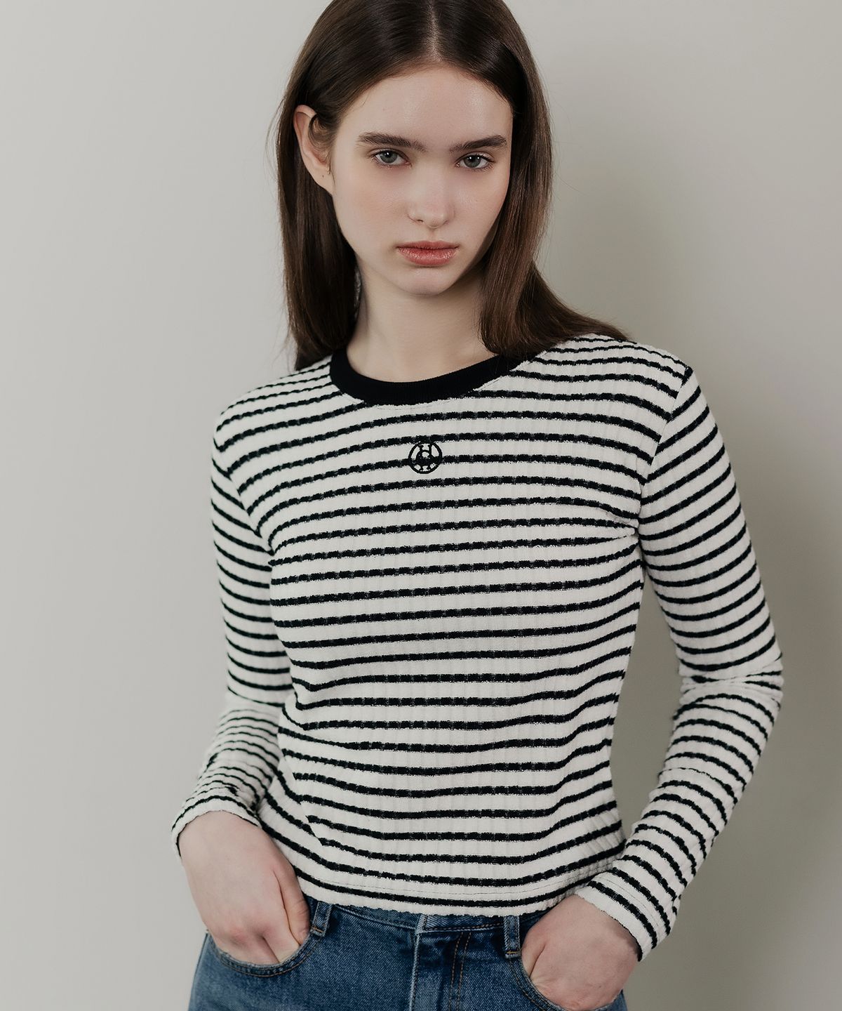 하드코어 해피니스(HARDCORE HAPPINESS) TERRY STRIPED NEEDLEWORK T-SHIRT_BLACK