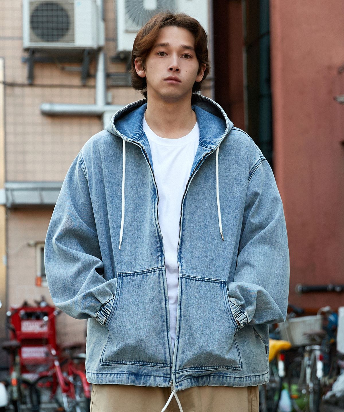 미니멀프로젝트(MINIMALPROJECT) 오버핏 스톤워싱 데님 후드 집업 자켓 MDJ103 [LIGHT BLUE]