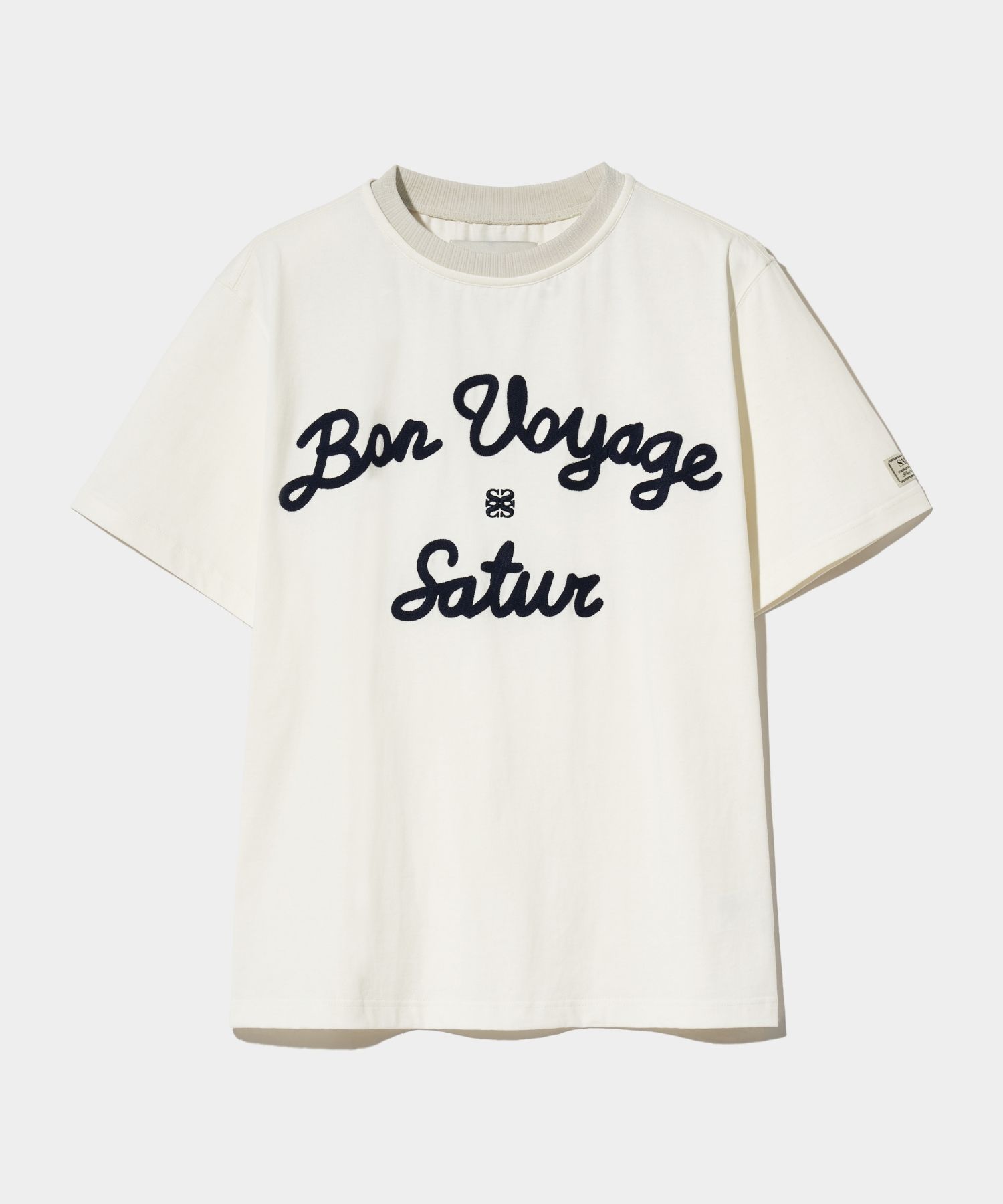 ★【SATUR】★Bon Voyage Artwork Logo Crew Neck Half Kni.t★ MUSINSA | SATUR Satur Logo Embroidered Voyage Short Sleeve T