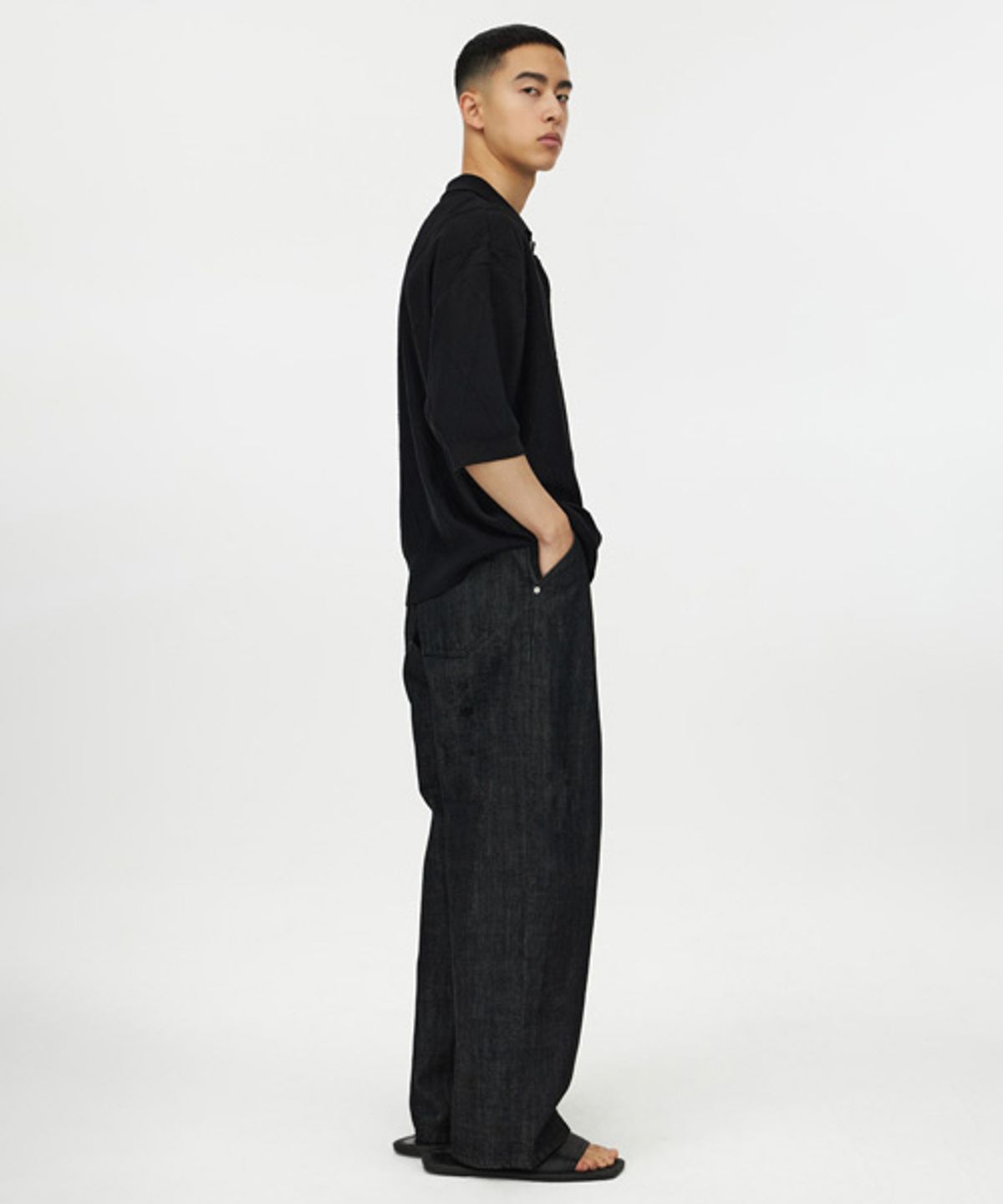 유스(YOUTH) Structured Wide Denim Pants - Washed Black