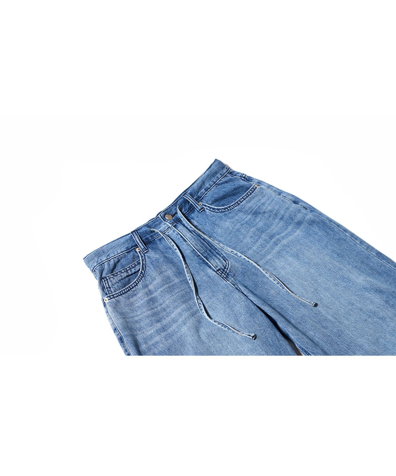 MUSINSA | WOOALONG String wide brush denim pants - BLUE
