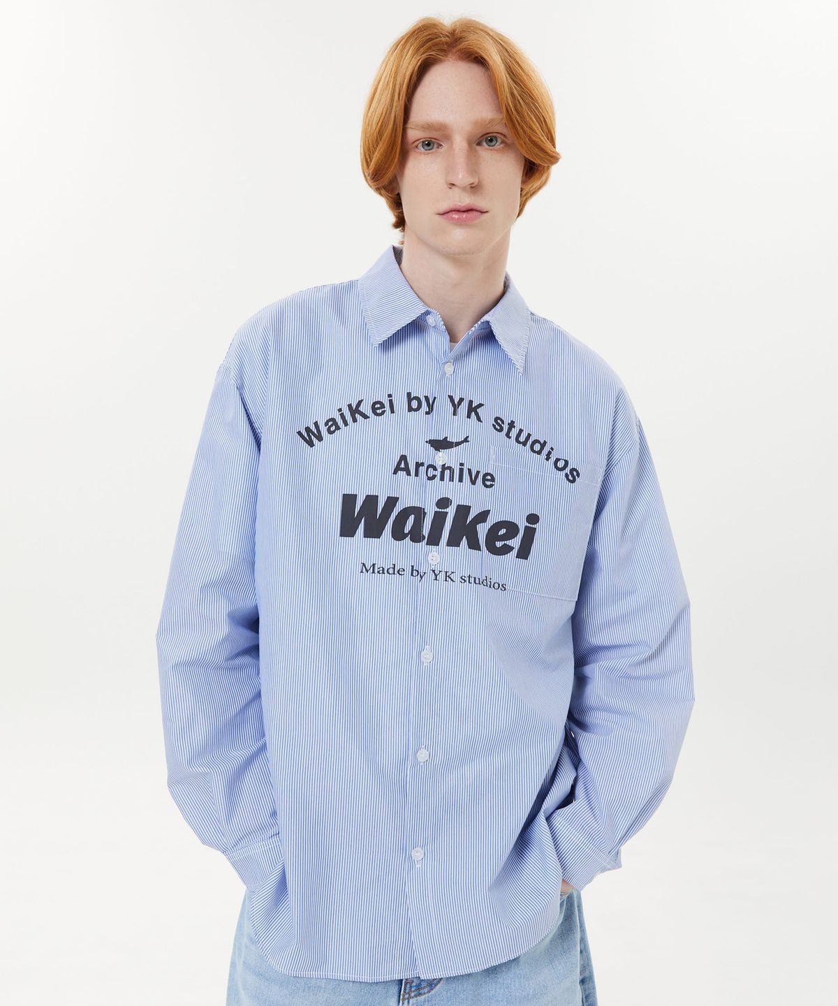 와이케이(WAIKEI) 아치 로고 스트라이프 셔츠 블루