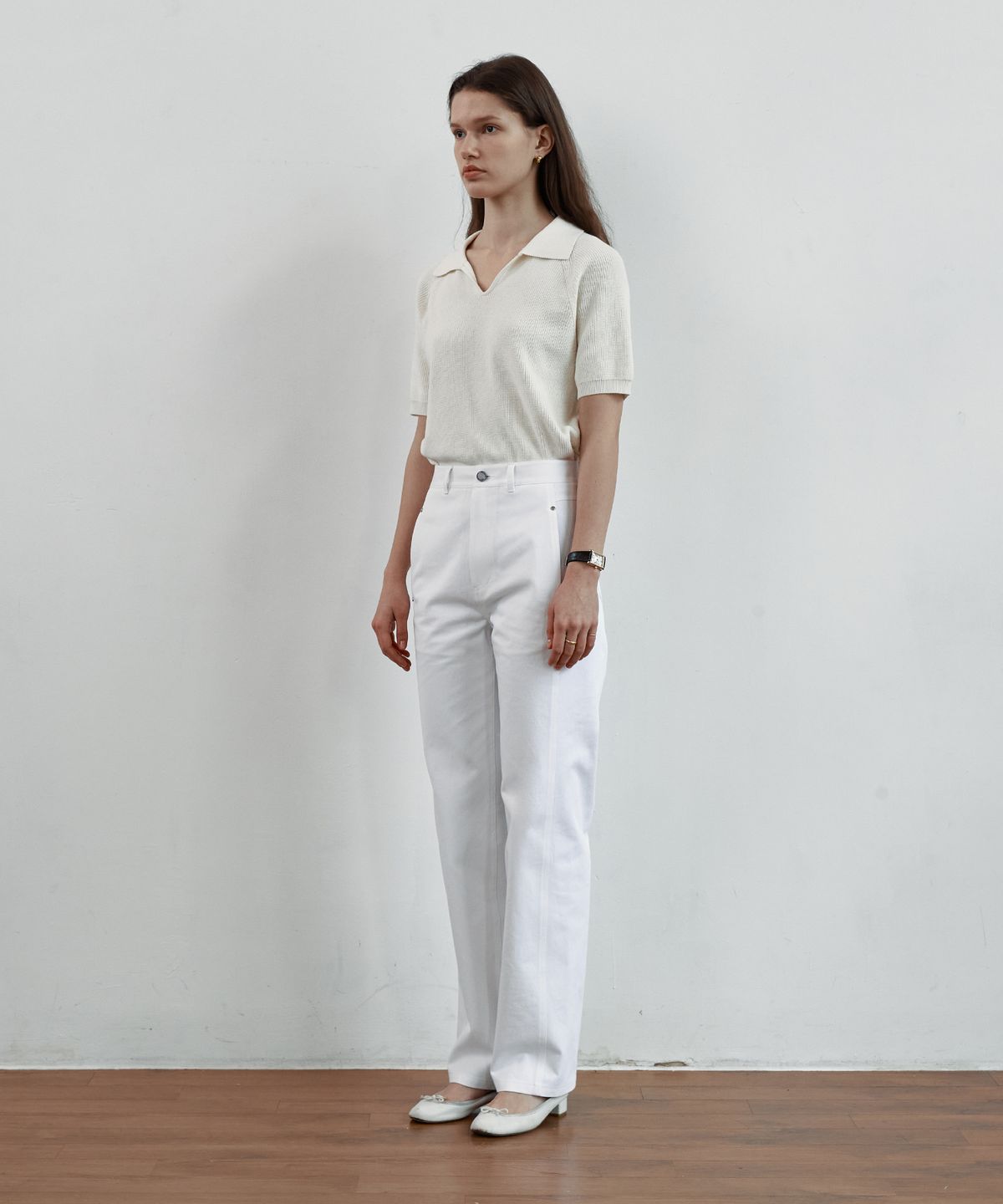 스텝어라운드(STEP AROUND) Front line detail straight cotton pant [WHITE]