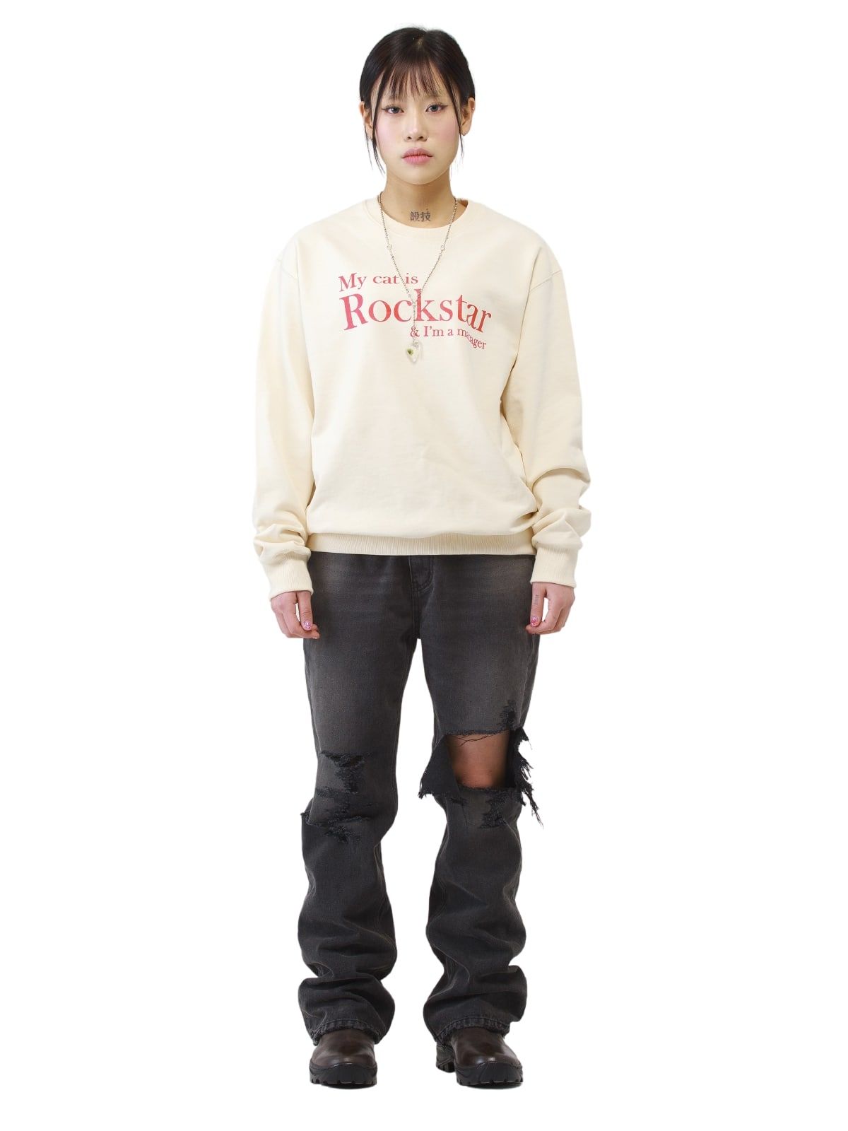 조거쉬(JOEGUSH) My cat is Rockstar Sweatshirts (Ivory/Red)