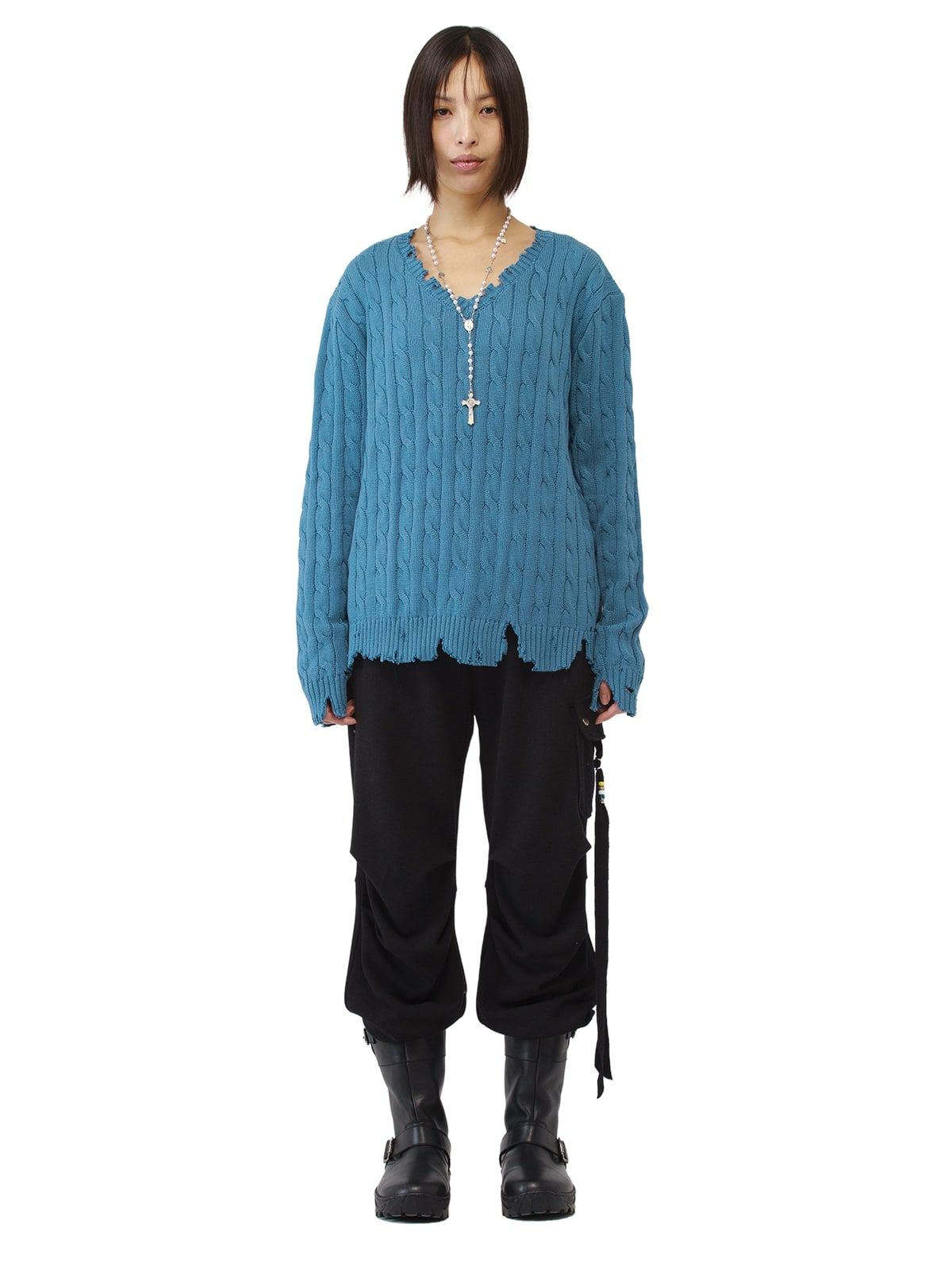 조거쉬(JOEGUSH) Distressed Cable knit (Smoke Blue)