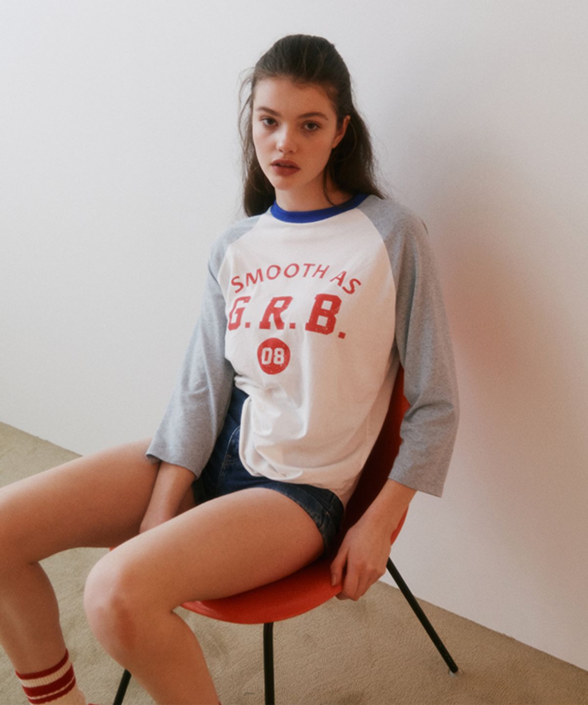 그린버터(GREENBUTTER) Raglan Sleeve Cookie T-shirt (Cobalt blue/Red)