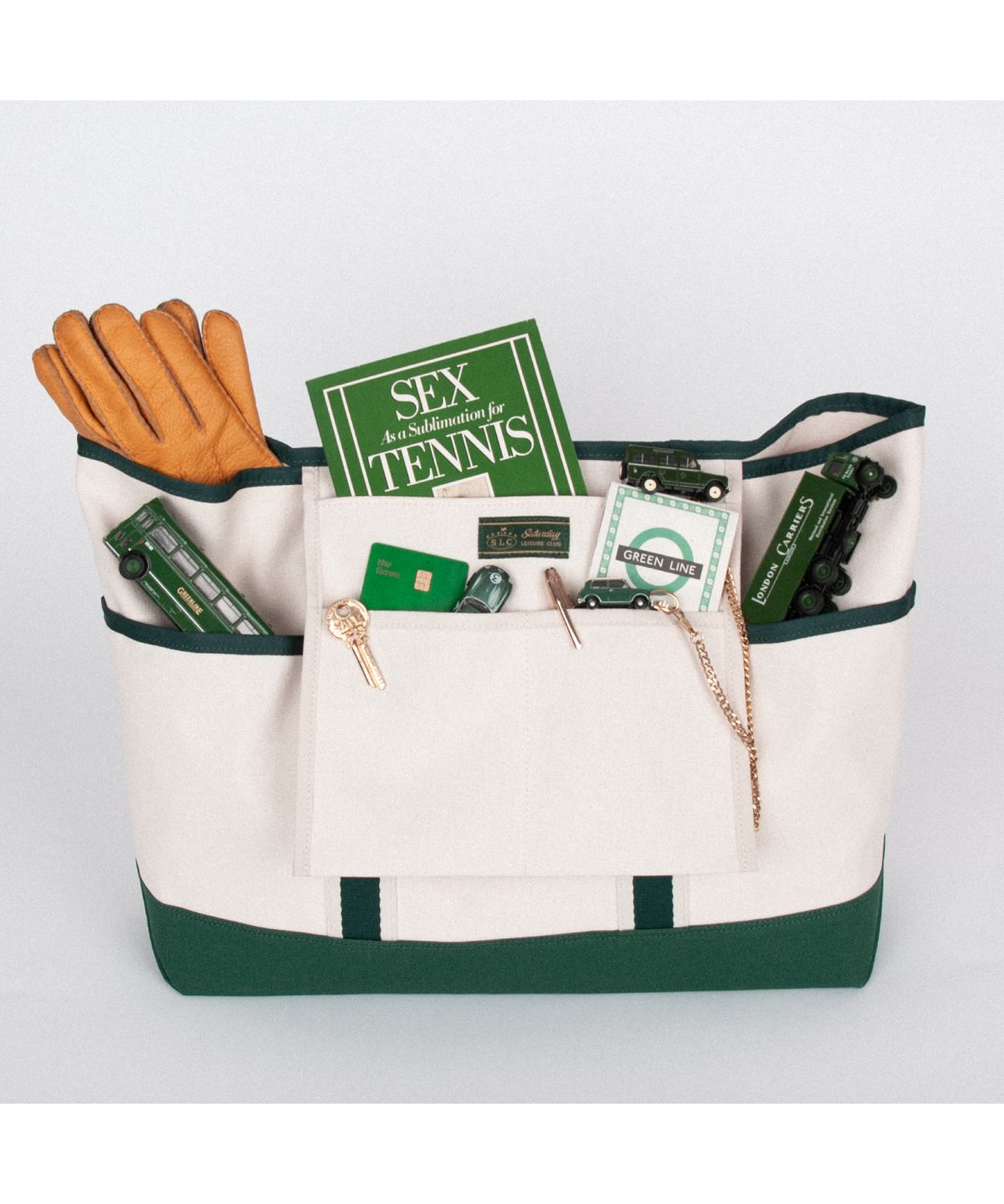 세러데이 레저 클럽(SATURDAY LEISURE CLUB) Stripe Webbing Pockets Shoulder Bag - Ivory & British Racing Green