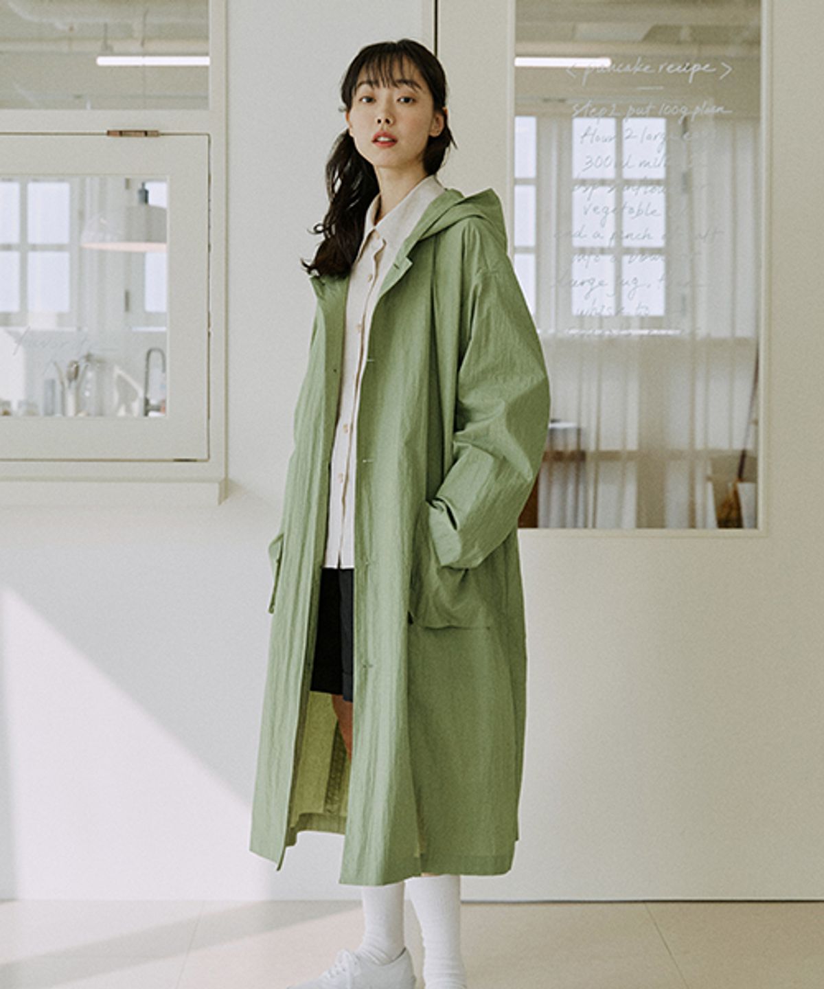 말렌(MALEN) 유니섹스 롱 후드 코트 (연카키)