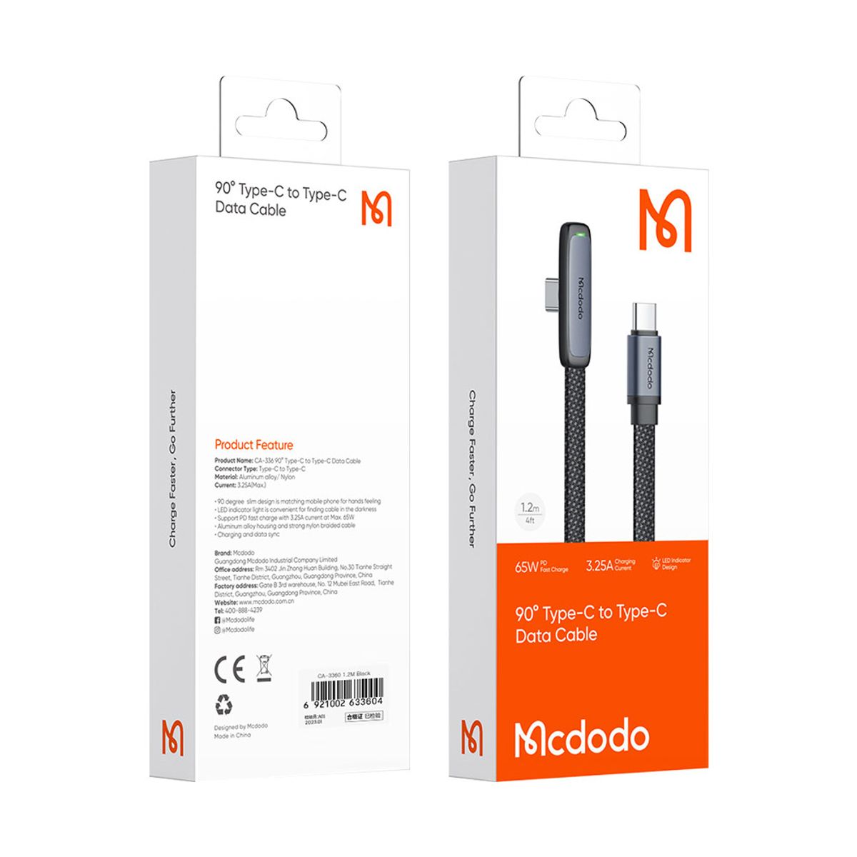 맥도도(MCDODO) TR 90도 라이트 C타입 to C타입 PD 고속충전 케이블 CA336