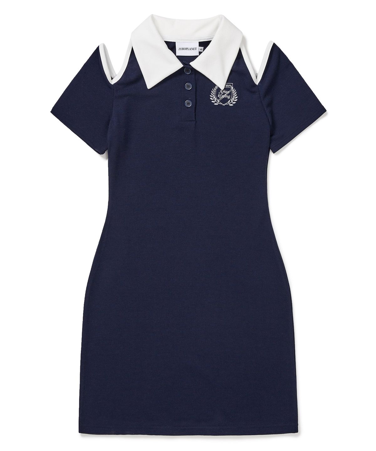 제로플래닛(ZEROPLANET) 코코 숄더 슬릿 카라 원피스 [NAVY]