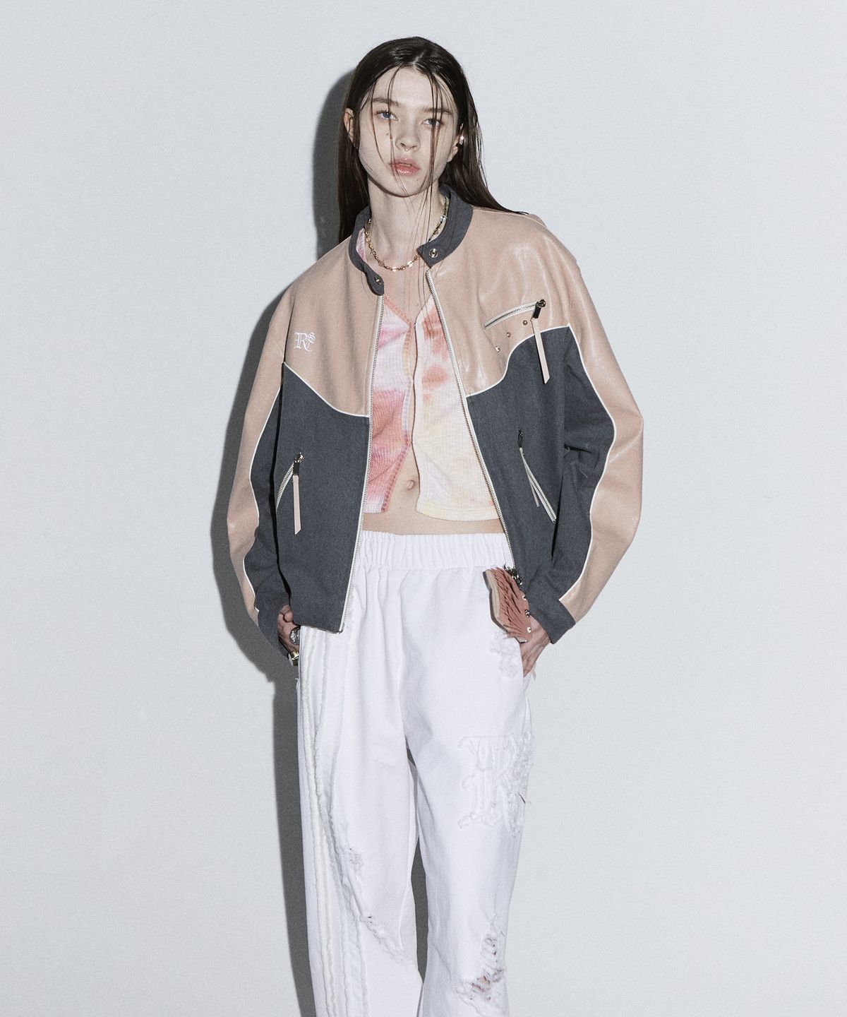 알에스에스씨(RSSC) LEATHER & DENIM BIKER JACKET - PK/GY