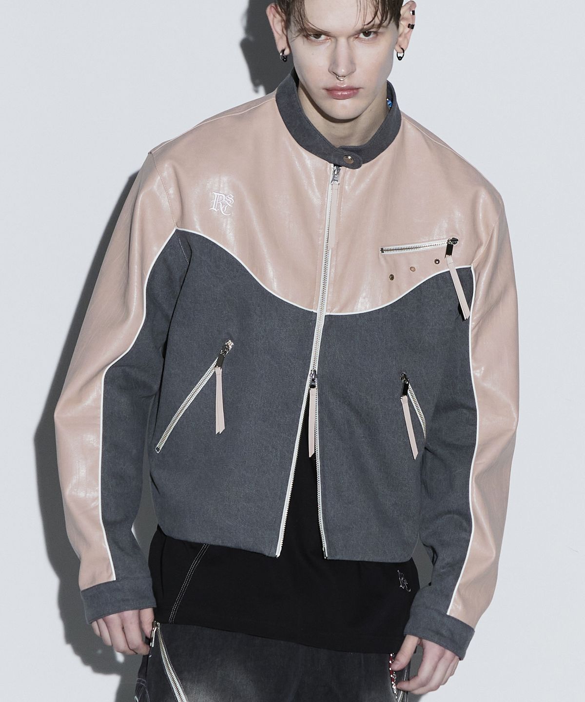 알에스에스씨(RSSC) LEATHER & DENIM BIKER JACKET - PK/GY