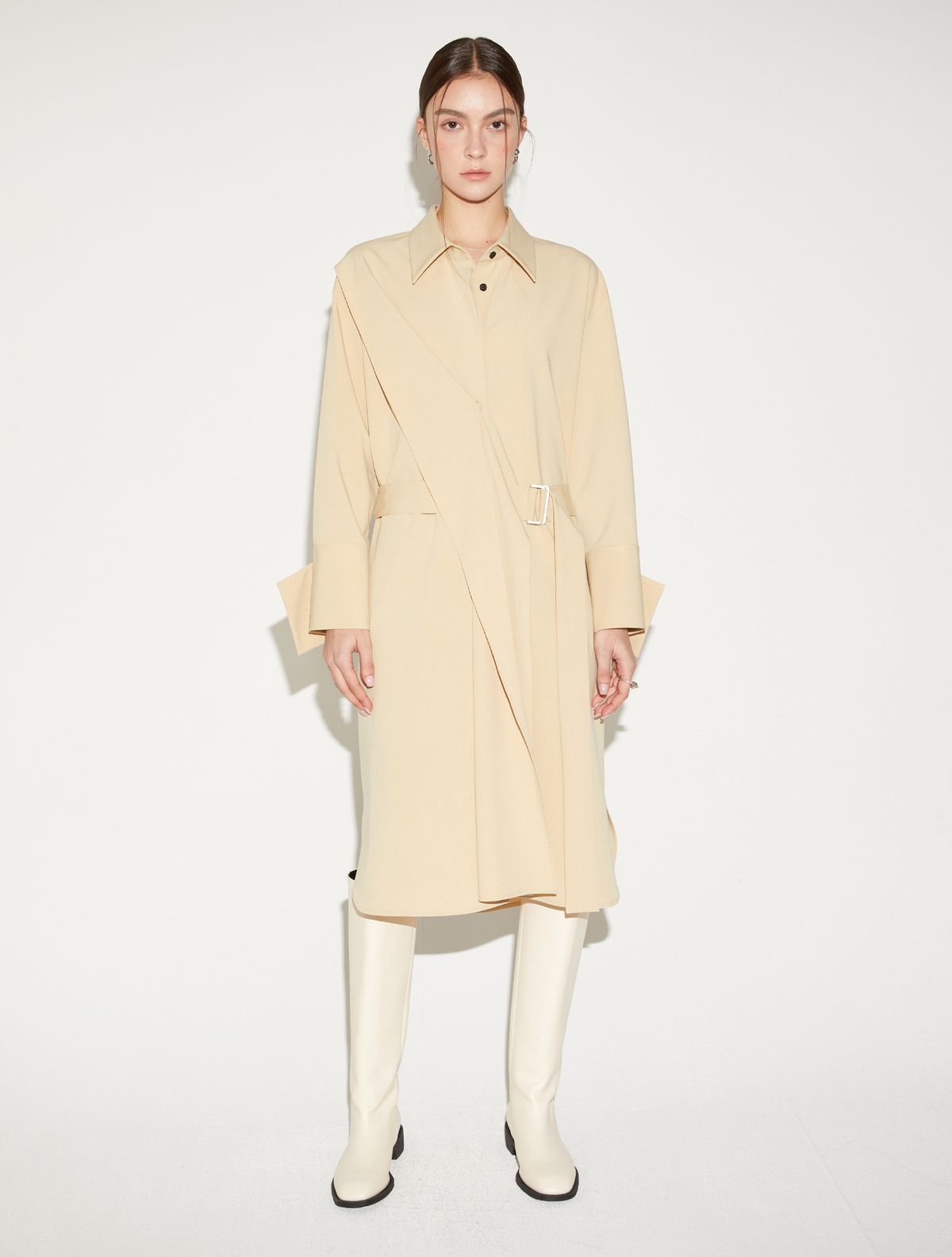 르이엘(LE YIEL) Oversize Belted Shirt One Piece_Yellow Beige 오버사이즈 벨티드 셔츠 원피스_옐로우 베이지