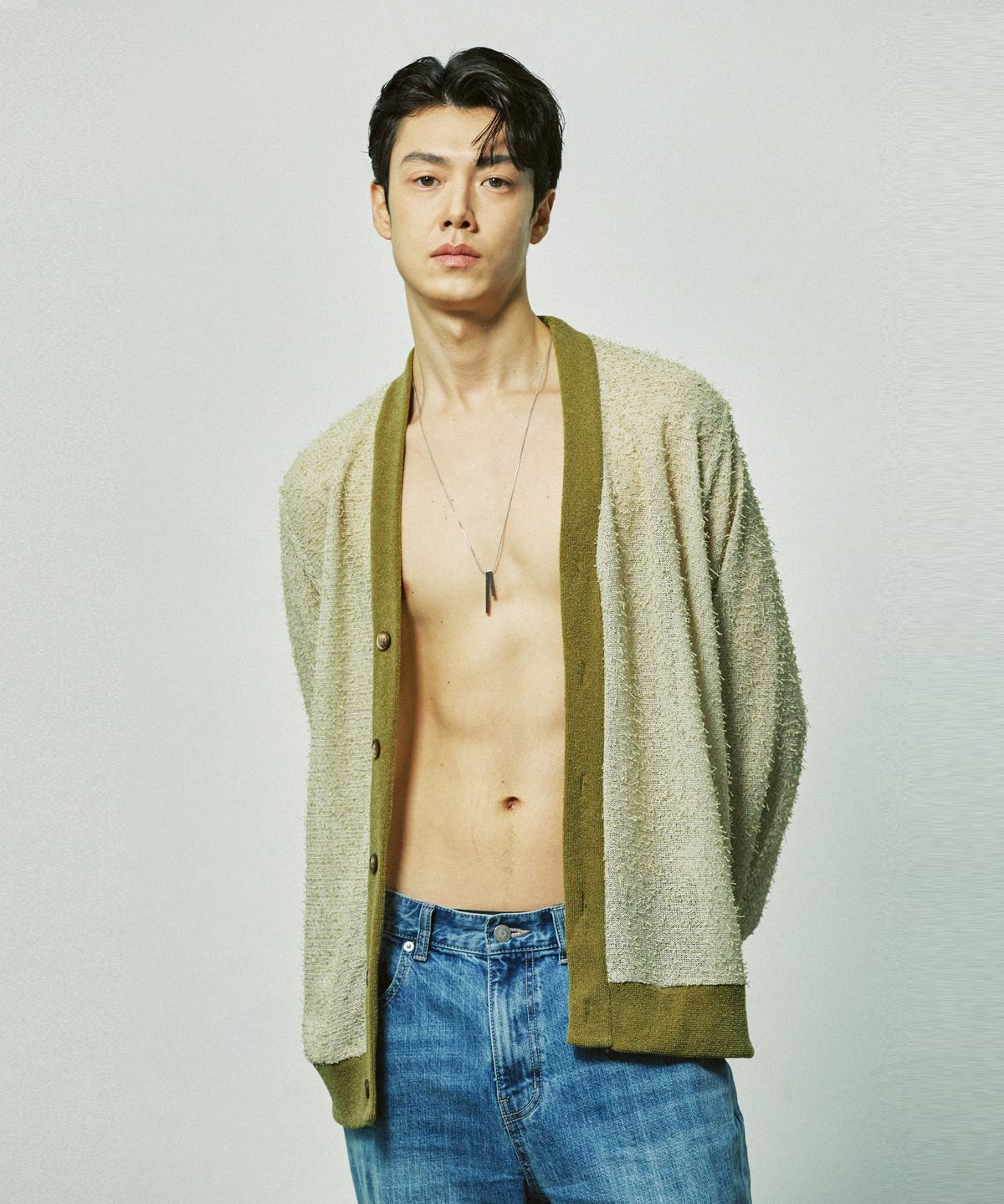에스에스와이(SSY) 그런지 피셔넷 니트 가디건 바질
