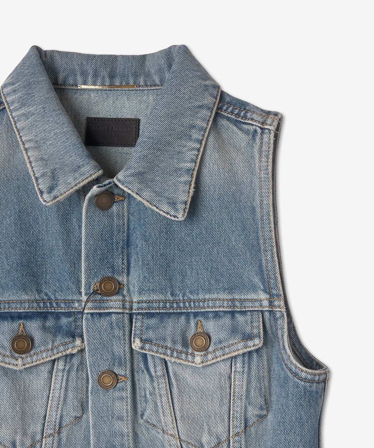 생로랑(SAINT LAURENT) 패서디나 슬리브리스 데님 원피스 - 워시드 블루 / 696374Y04PA4913