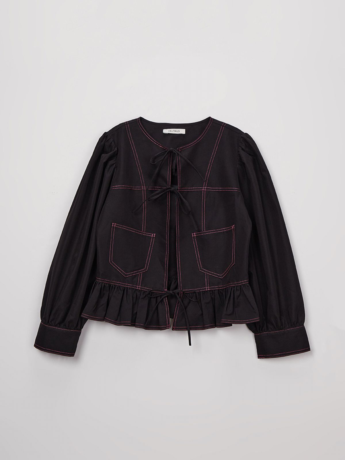 셀리테일즈(CELITAILS) RIBBON SHIRRING BLOUSE_STRONG BLACK