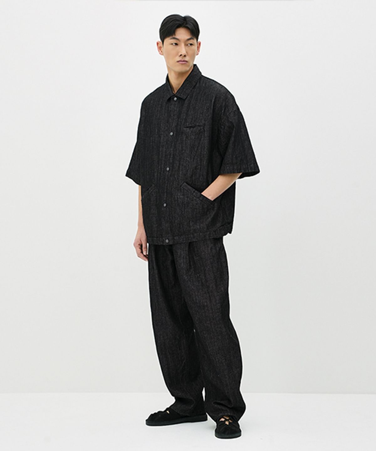 에러스익셉티드(ERRORS EXCEPTED) LDP128BK 플리츠 린넨 데님팬츠 (Black)