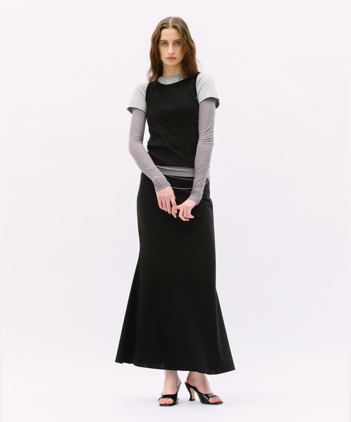 웨어리즈(WEARIS) 레이어드 롱 슬리브 시스루 티셔츠_그레이