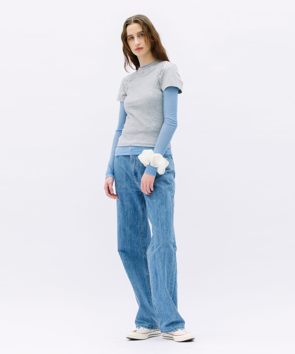 웨어리즈(WEARIS) 레이어드 롱 슬리브 시스루 티셔츠_스카이블루