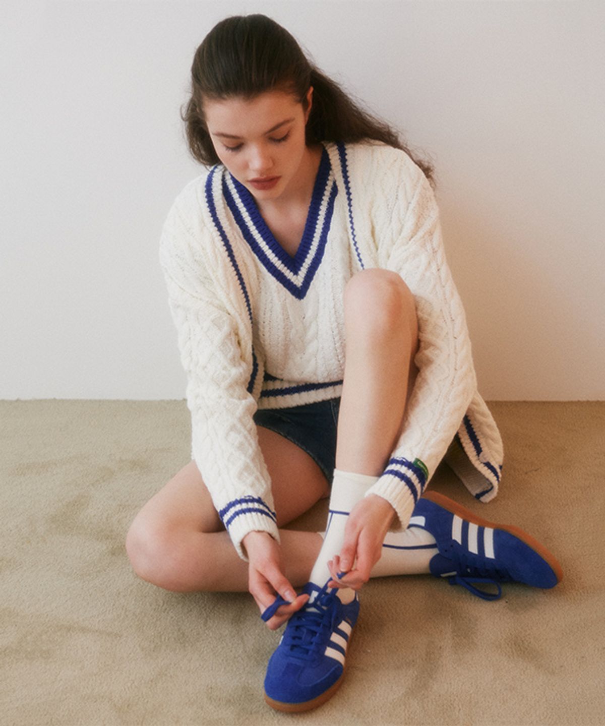 그린버터(GREENBUTTER) Oversized Cable Stripe Vest (Ivory)