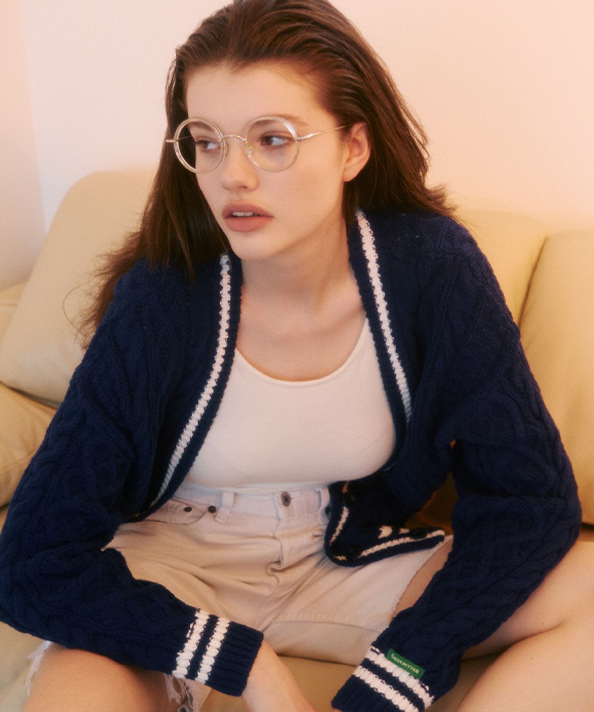 그린버터(GREENBUTTER) Oversized Cable Stripe Cardigan (Navy)