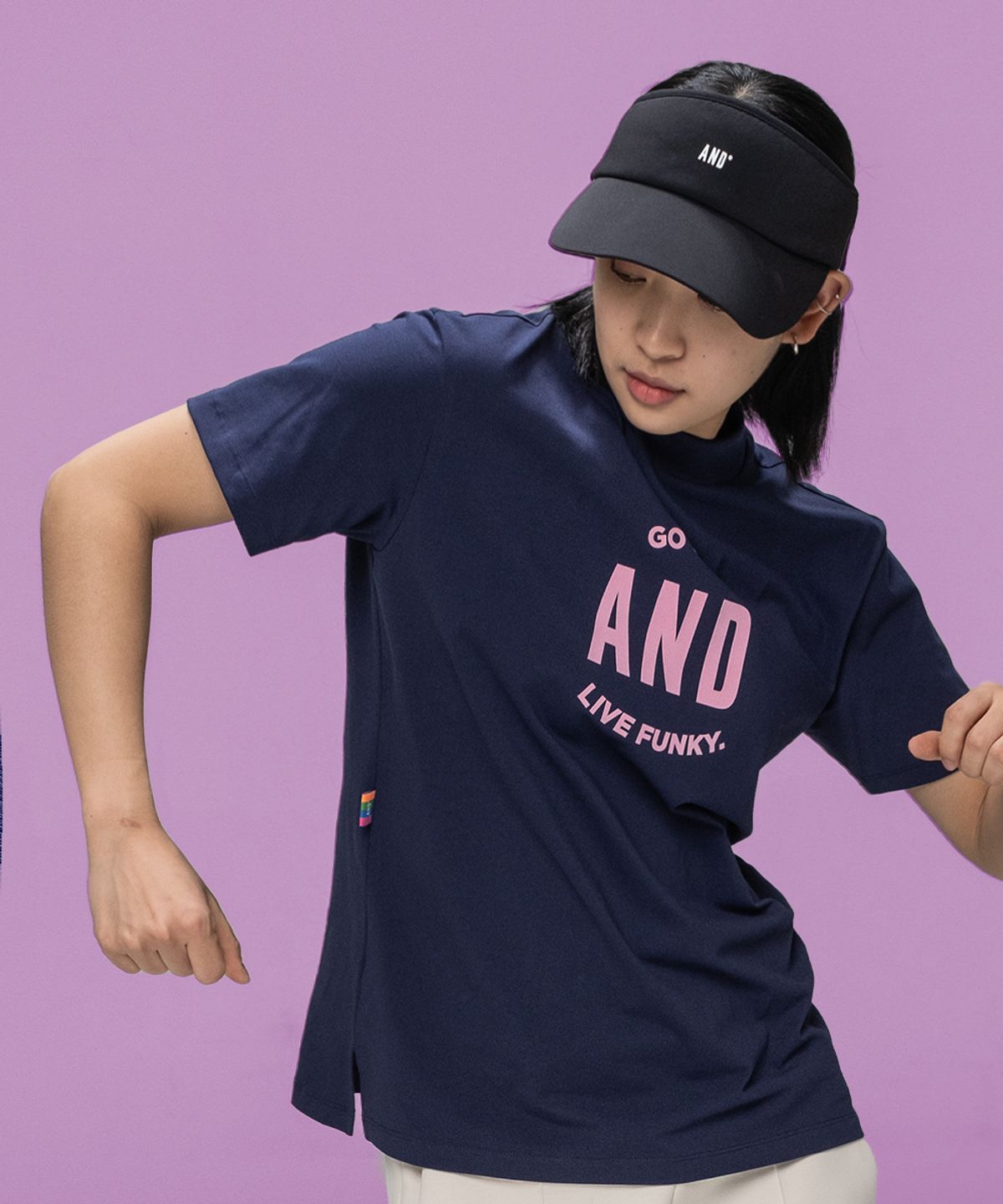 앤드 골프(AND GOLF) Mock Neck Big Logo T shirts Navy