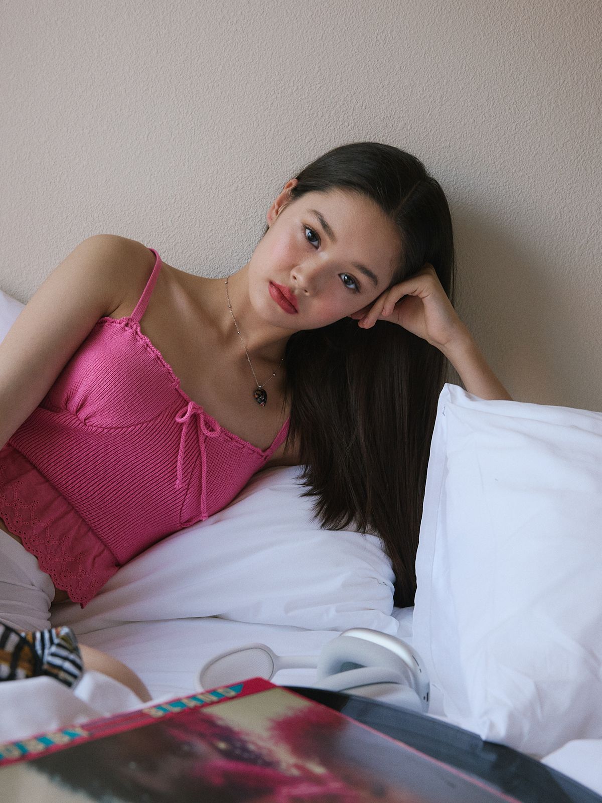 에즈이프 캘리(ASIF CALIE) RIBBON LACE KNIT TOP PINK