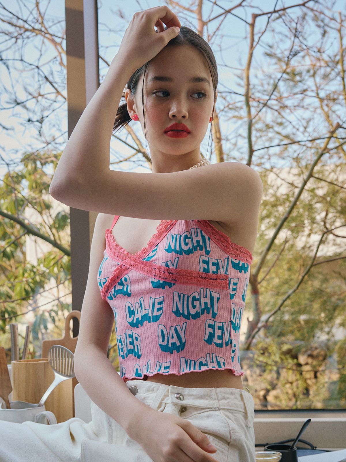 에즈이프 캘리(ASIF CALIE) CALIE LACE RIB TOP PINK