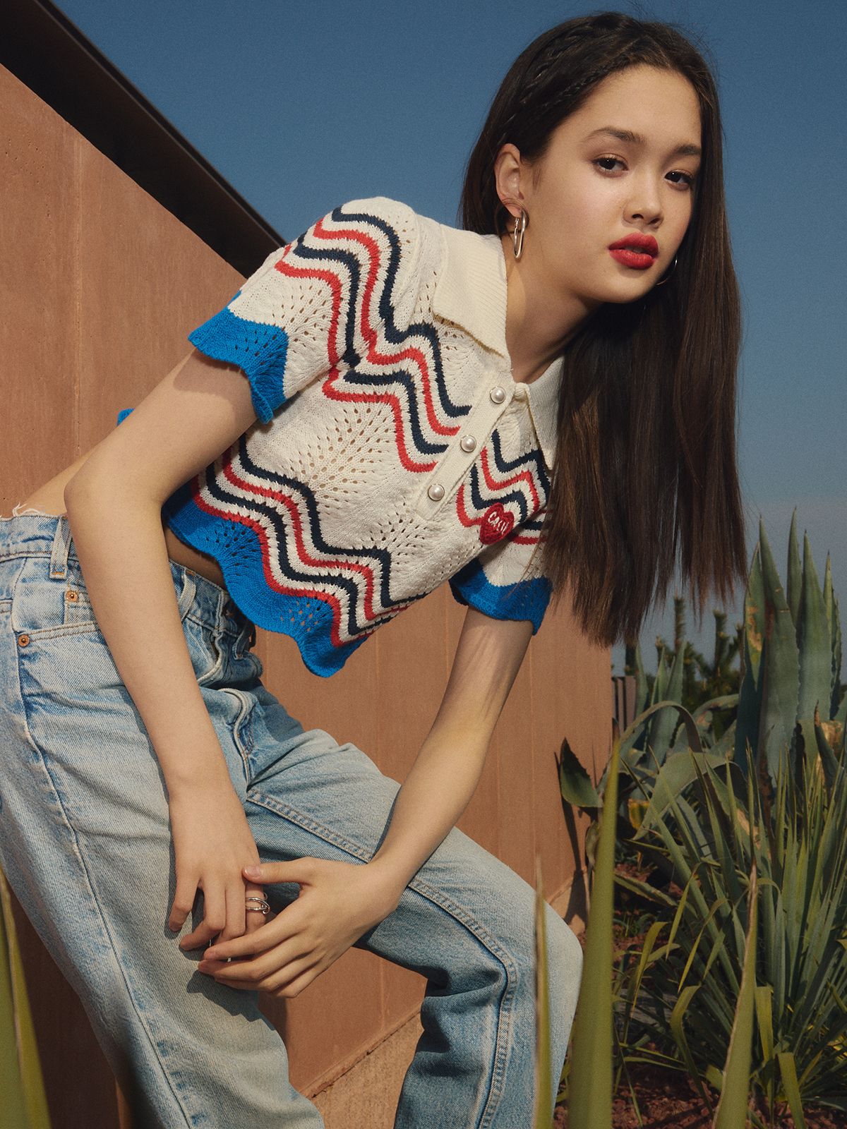 에즈이프 캘리(ASIF CALIE) POLO CROP STRIPE KNIT IVORY