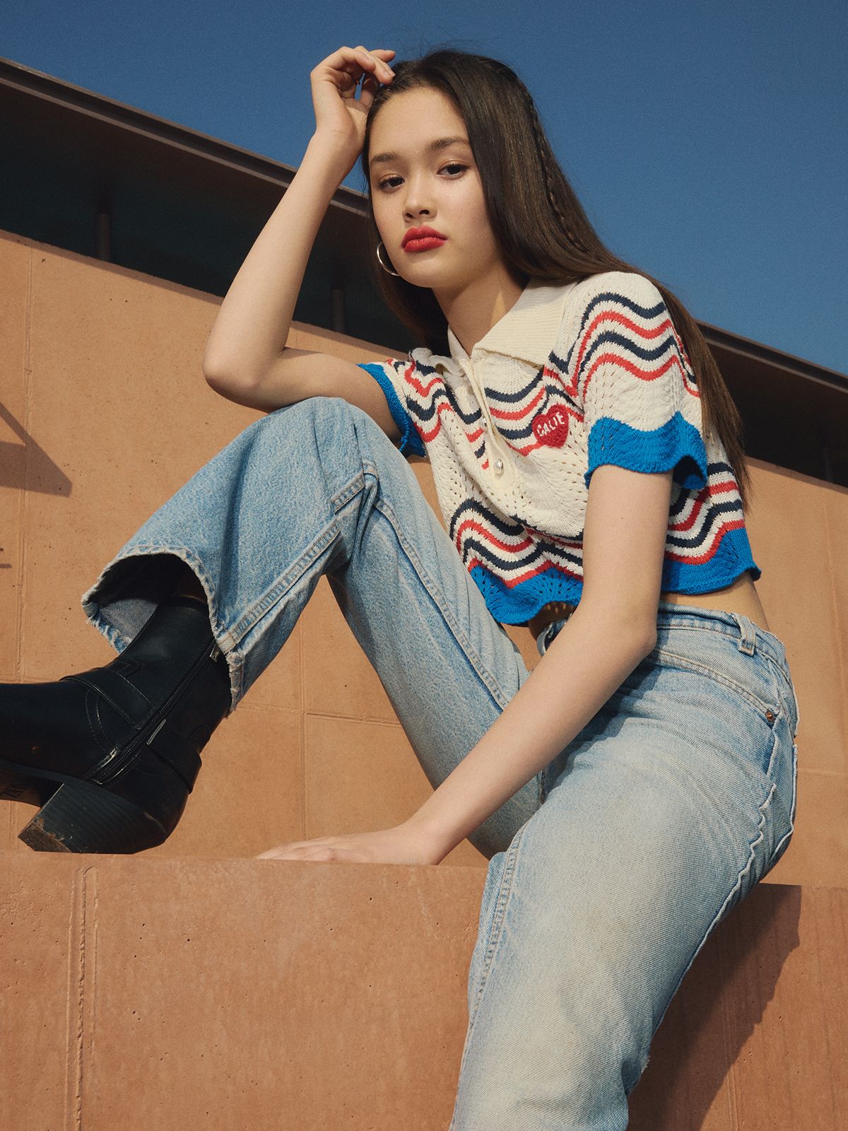 에즈이프 캘리(ASIF CALIE) POLO CROP STRIPE KNIT IVORY